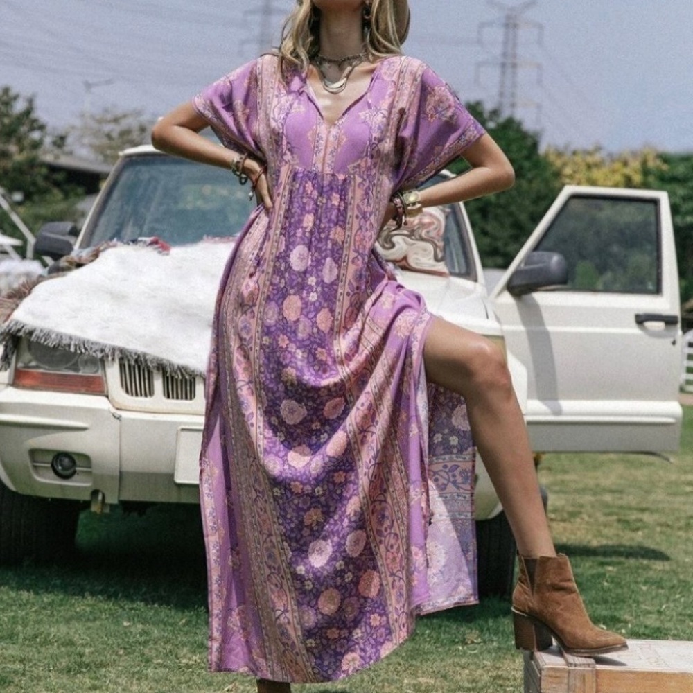PURPLE Boho Floral Batwing Sleeve slits Hem Maxi Dress